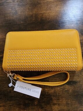 Couture Gems Yellow Studded Wristlet Wallet Fashion Double Zip